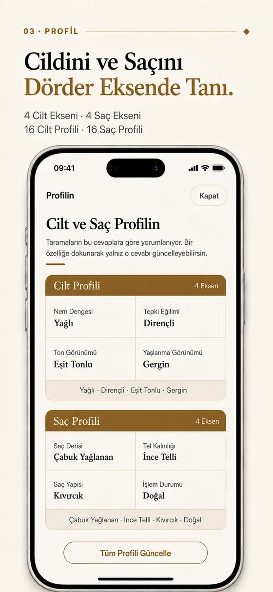 Tanıtım karesi. Başlık: “Cildini ve Saçını Dörder Eksende Tanı.” Alt satır: 4 Cilt Ekseni · 4 Saç Ekseni, 16 Cilt Profili · 16 Saç Profili. Telefonda Cilt Profili kartı (Nem Dengesi: Yağlı, Tepki Eğilimi: Dirençli, Ton Görünümü: Eşit Tonlu, Yaşlanma Görünümü: Gergin) ve Saç Profili kartı (Saç Derisi: Çabuk Yağlanan, Tel Kalınlığı: İnce Telli, Saç Yapısı: Kıvırcık, İşlem Durumu: Doğal).