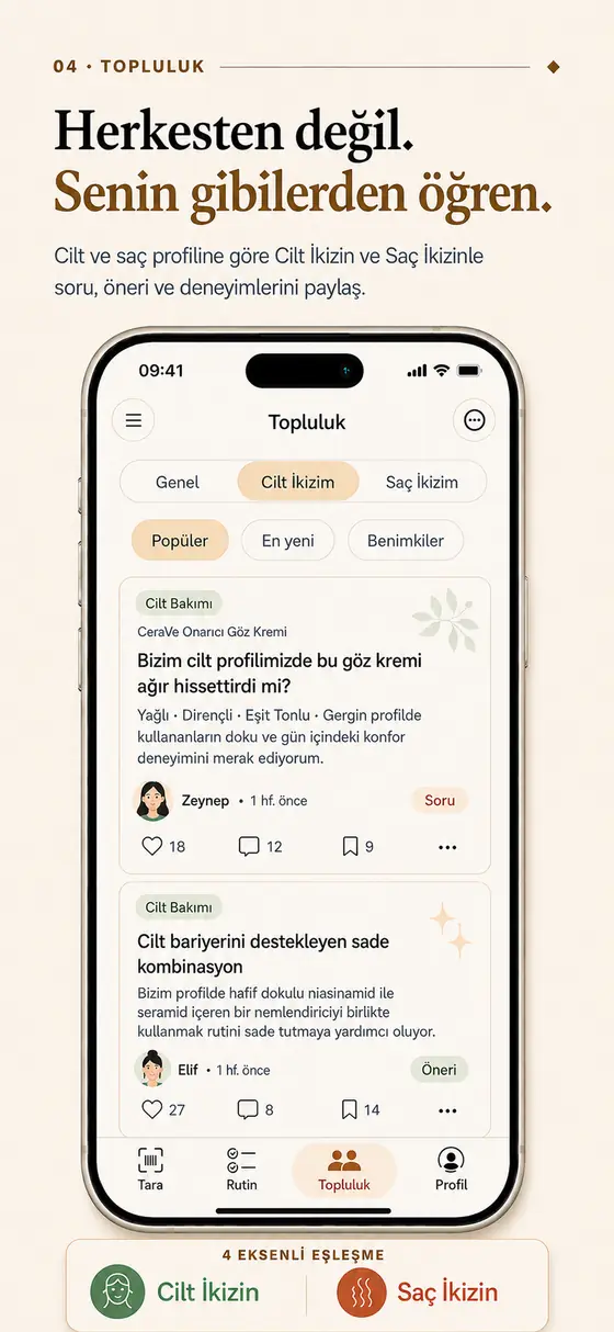 Tanıtım karesi. Başlık: “Herkesten değil. Senin gibilerden öğren.” Telefonda Topluluk sekmesi, “Cilt İkizim” filtresi seçili; iki örnek gönderi bir soru ve bir öneri olarak listeleniyor. Altta dört eksenli eşleşmeyi anlatan Cilt İkizin ve Saç İkizin rozetleri. Bu akıştaki kişiler, gönderiler ve sayılar TEMSİLİDİR; gerçek kullanıcı verisi değildir.