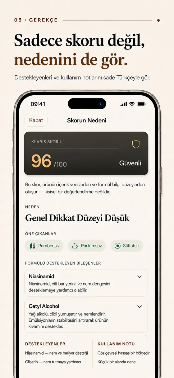 Tanıtım karesi. Başlık: “Sadece skoru değil, nedenini de gör.” Telefonda Skorun Nedeni ekranı: Klaris Skoru 96/100 “Güvenli”, altında “Bu skor, ürünün içerik verisinden ve formül bilgi düzeyinden oluşur — kişisel bir değerlendirme değildir” notu, Genel Dikkat Düzeyi Düşük başlığı, formülü destekleyen bileşenlerin açıklamaları ve kullanım notu.